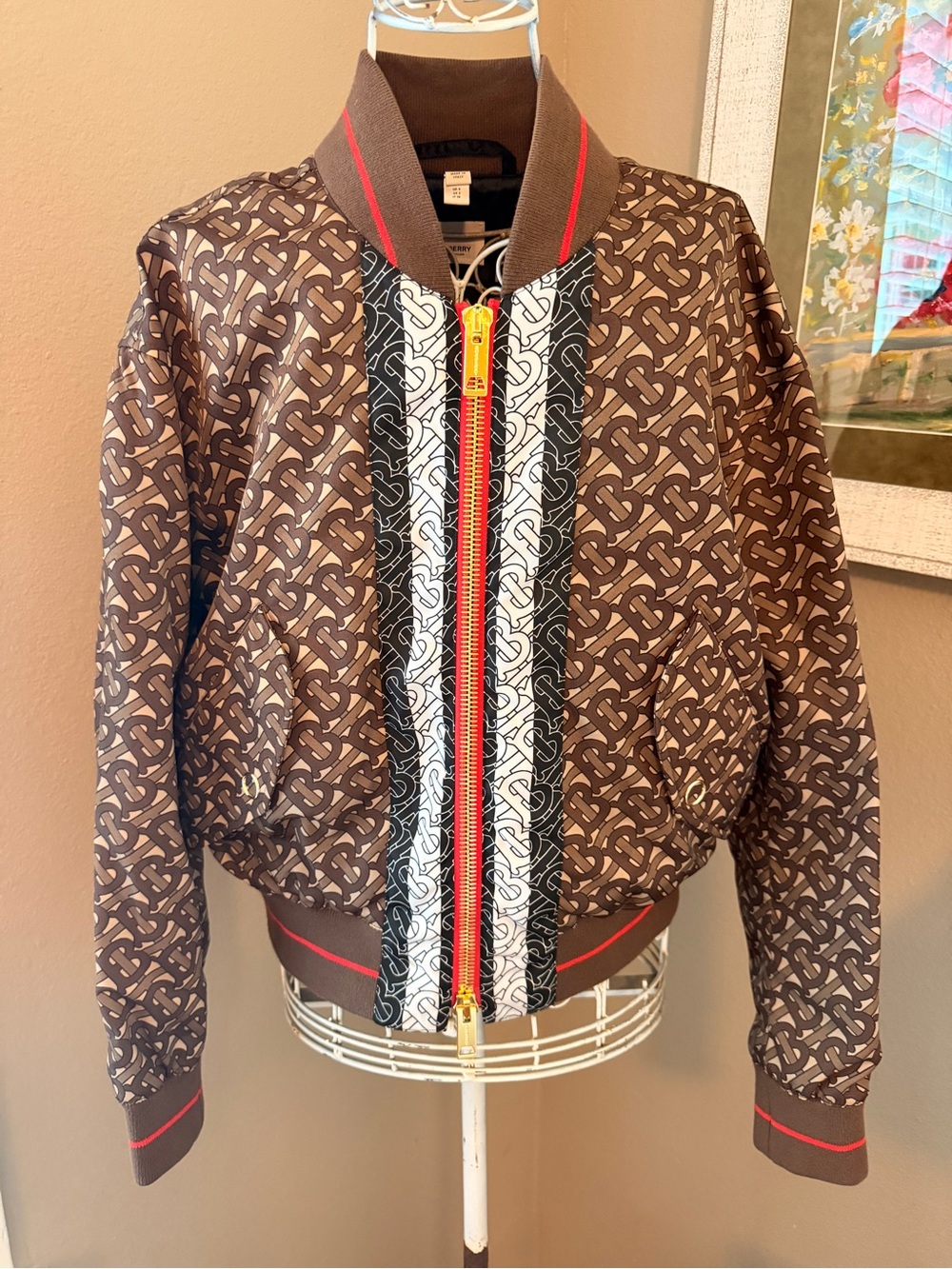 Burberry Brown and Red Patterned Bomber Jacket w/ Contrast Gold Zipper Hardware
